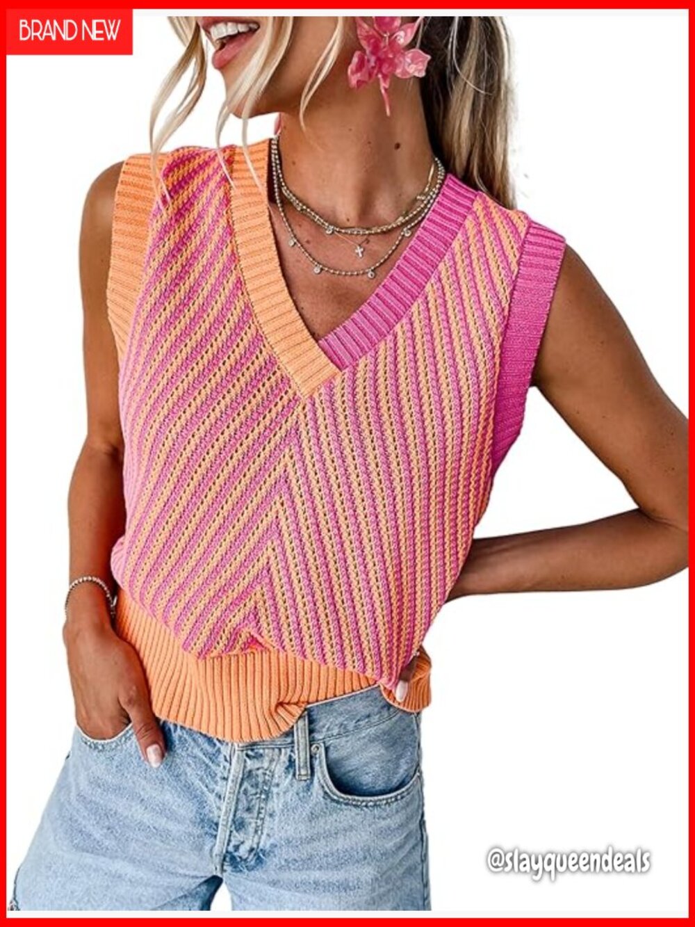 Sleeveless V-Neck Knitted Pullover Sweater Vest for Women